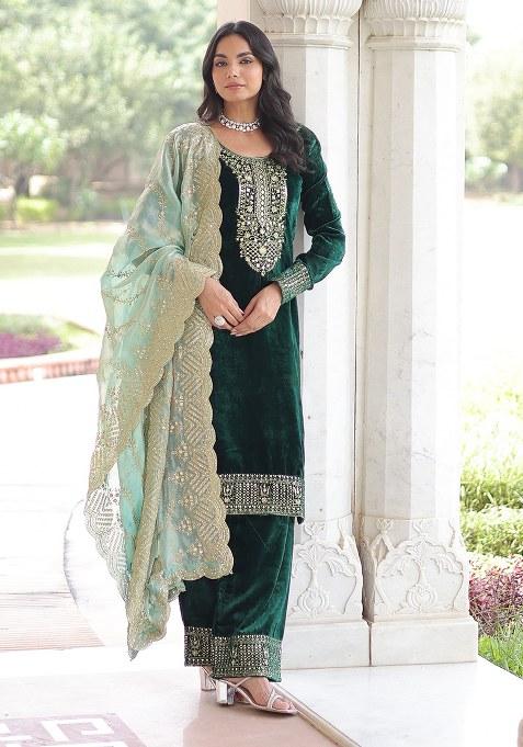Green Embroidery Velvet Kurta Set