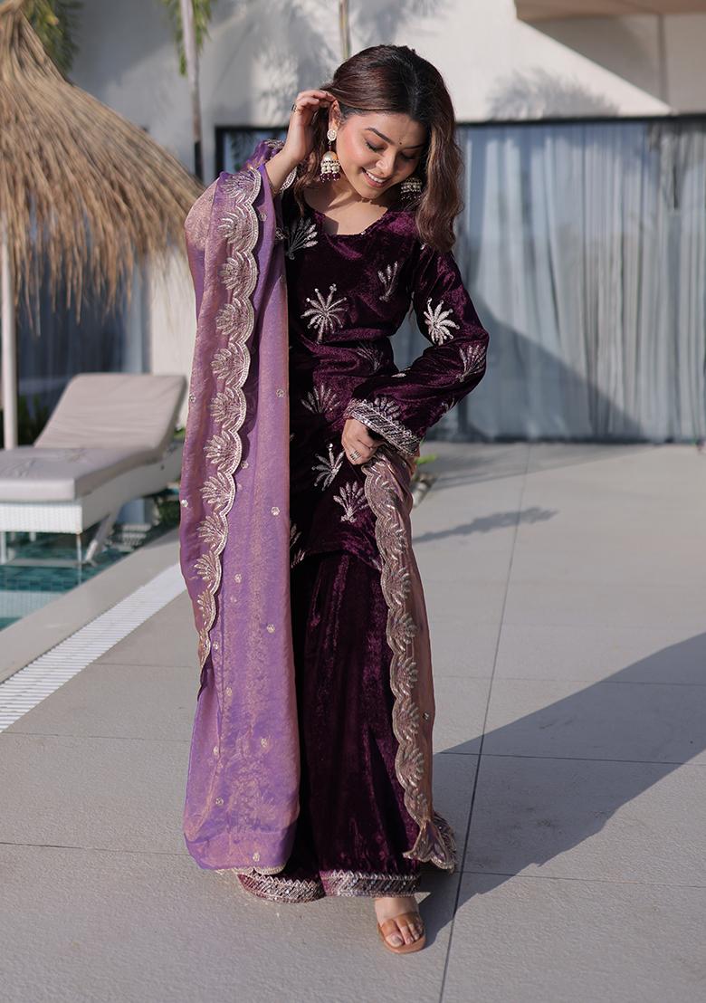 Purple Embroidery Velvet Kurta Set - Indya