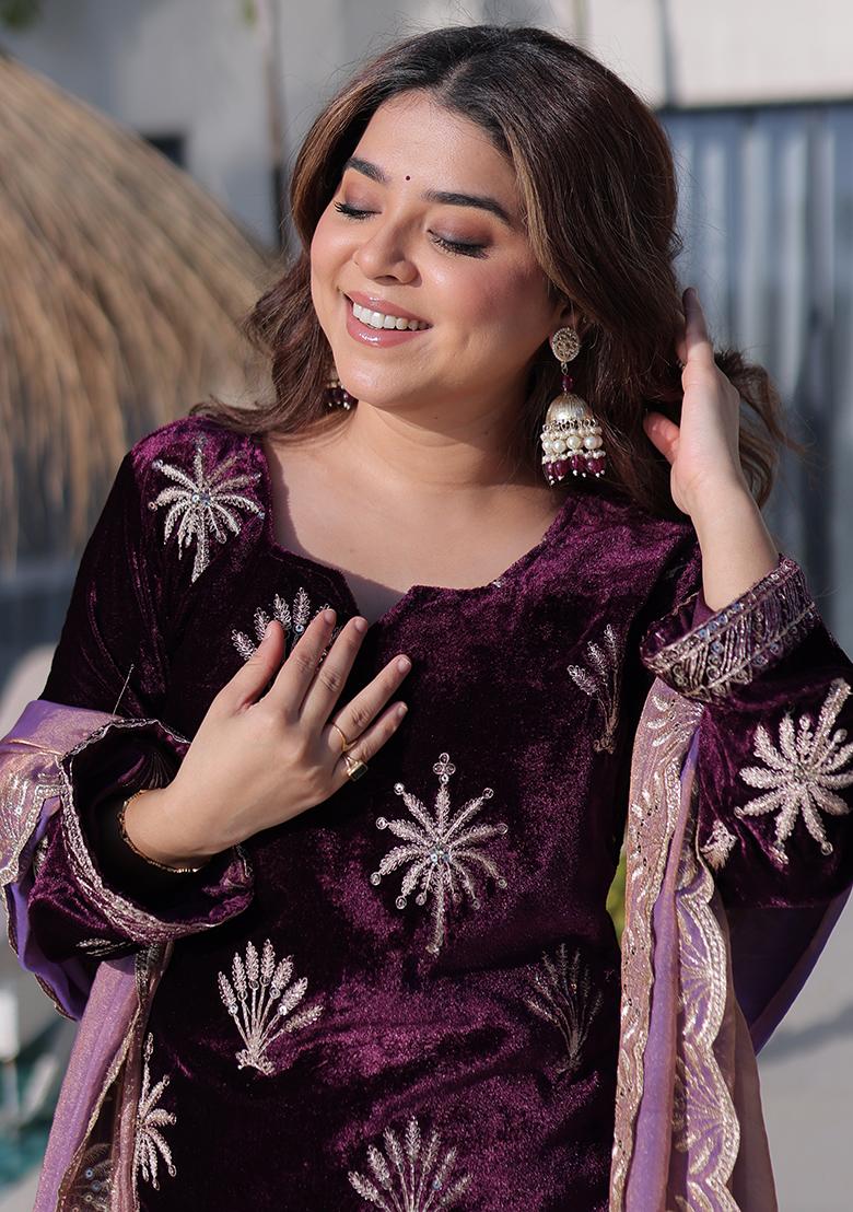 Purple Embroidery Velvet Kurta Set - Indya