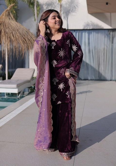 Purple Embroidery Velvet Kurta Set