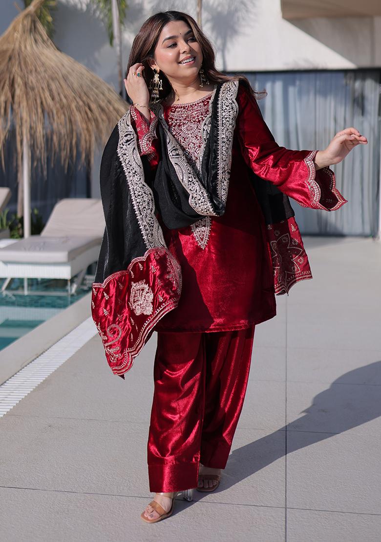 Red Embroidery Velvet Kurta Set - Indya