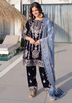 Blue Embroidery Velvet Kurta Set