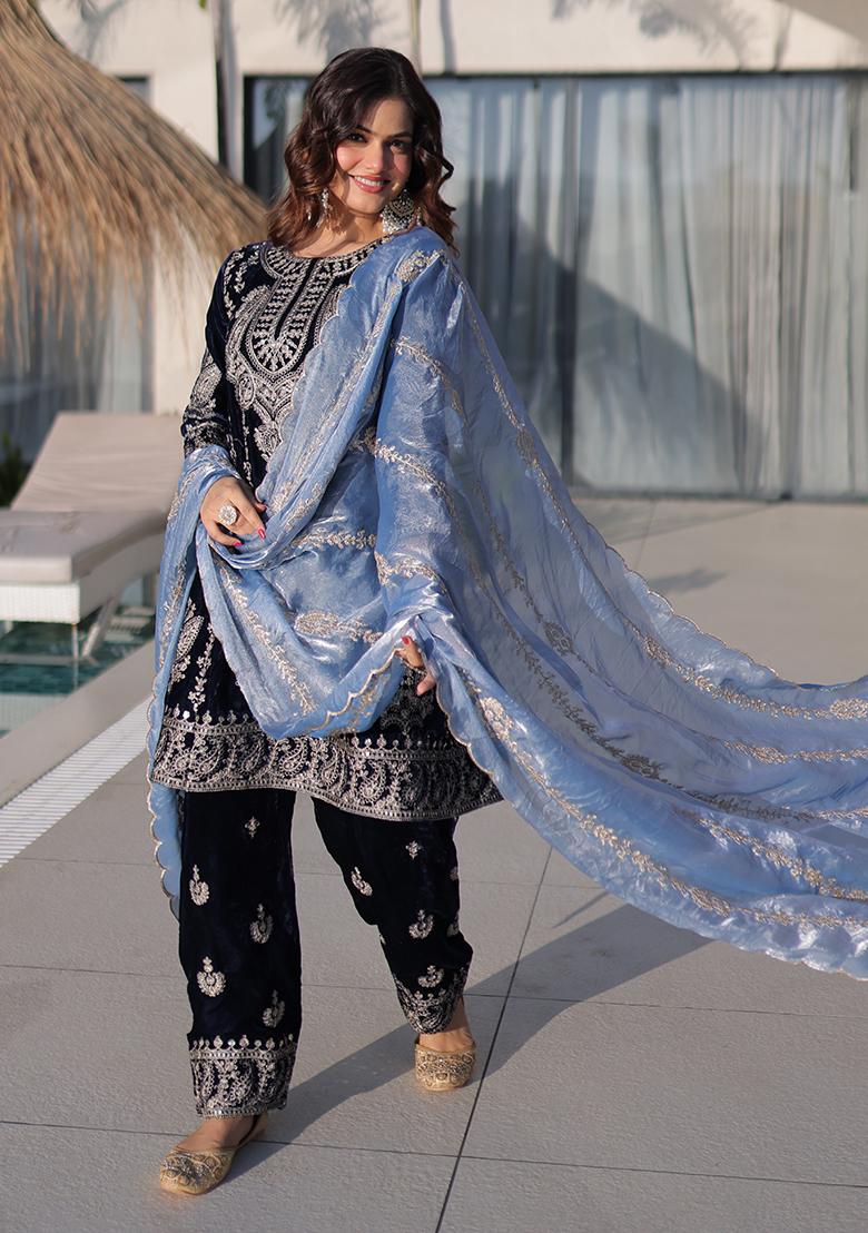 Blue Embroidery Velvet Kurta Set - Indya