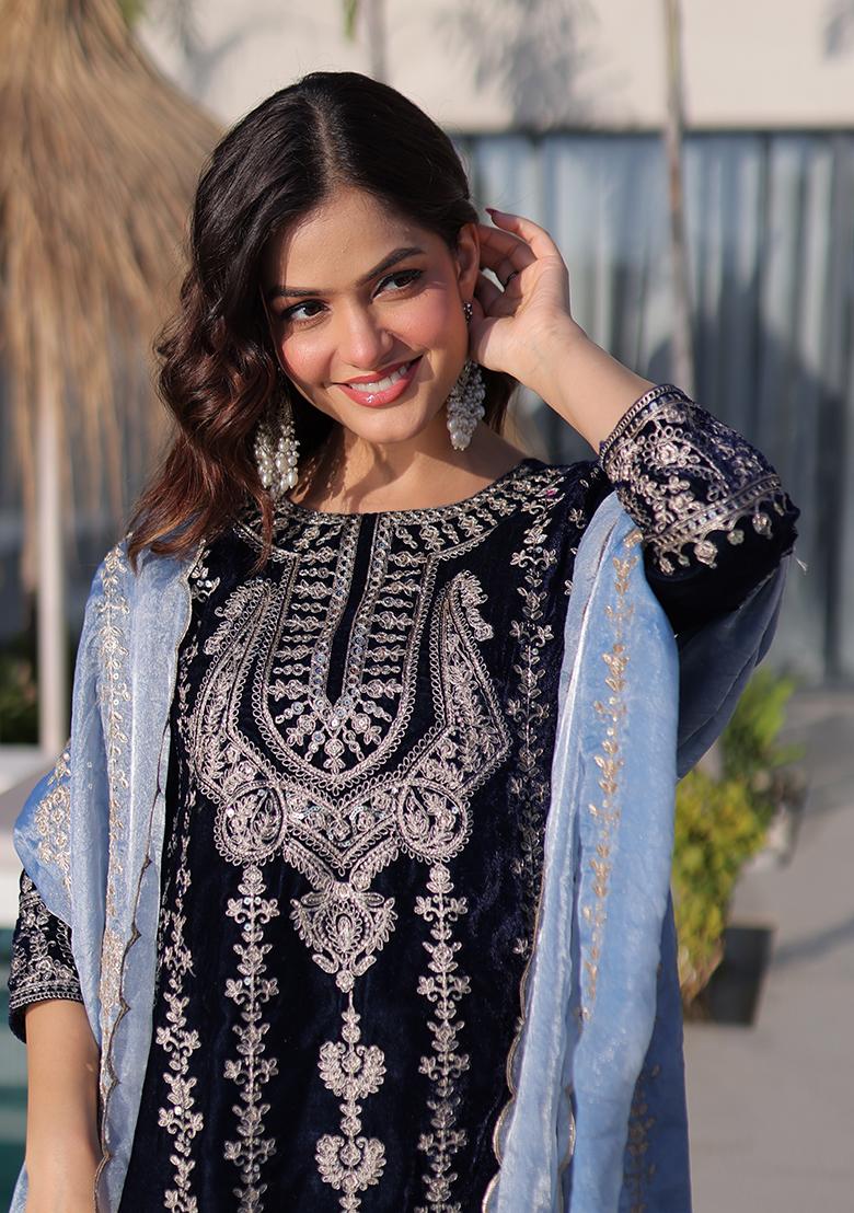 Blue Embroidery Velvet Kurta Set - Indya