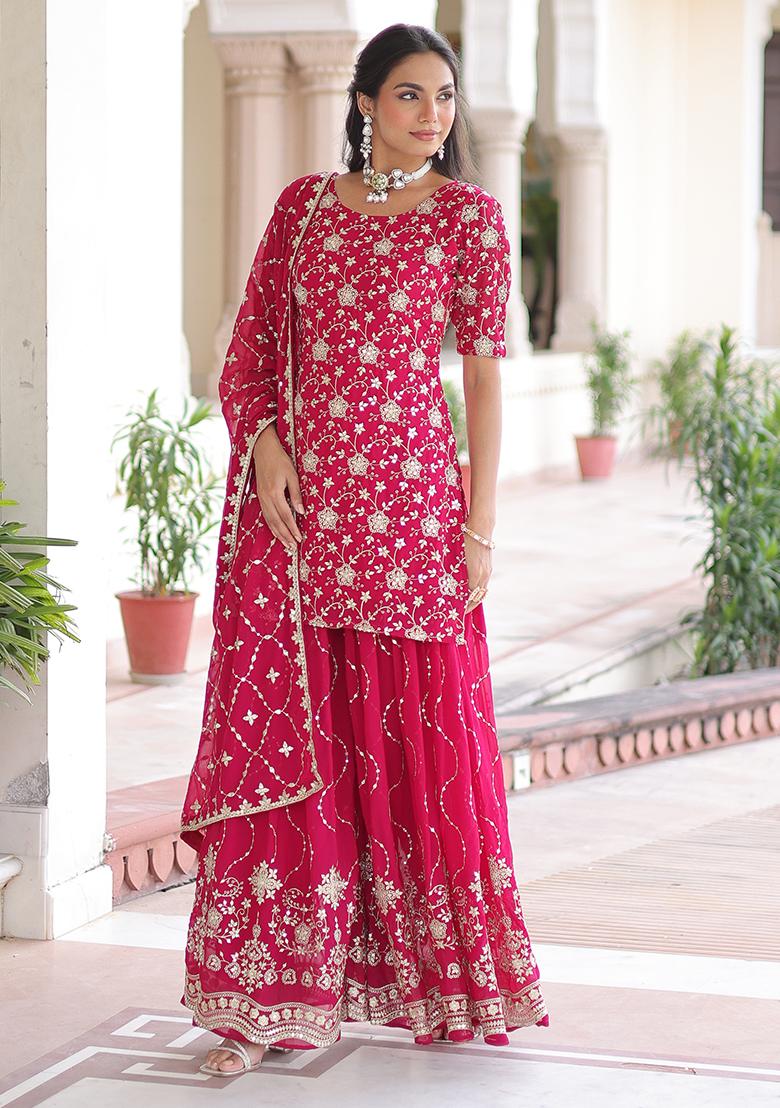 Pink Embroidery Georgette Kurta Set - Indya