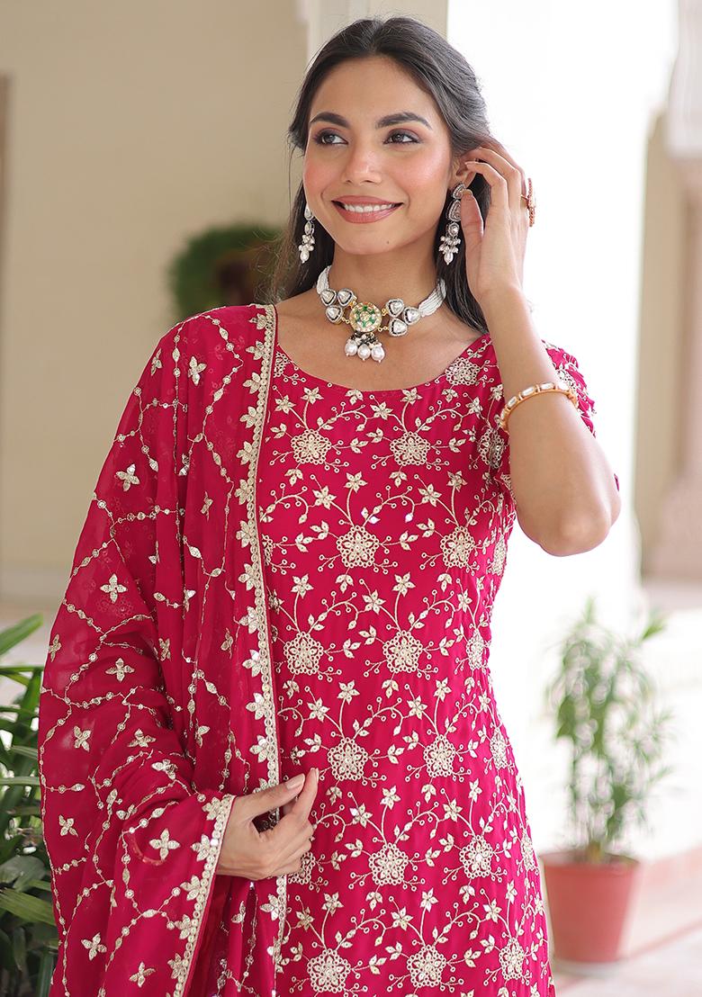 Pink Embroidery Georgette Kurta Set - Indya