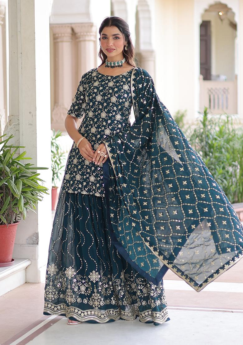 Rama Embroidery Georgette Kurta Set - Indya