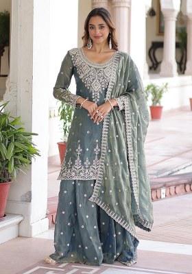 Grey Embroidery Silk Kurta Set