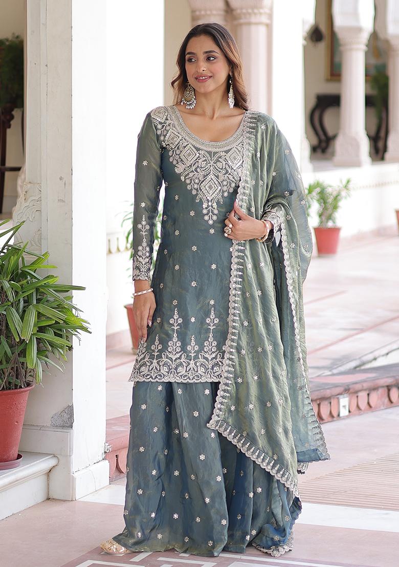 Grey Embroidery Silk Kurta Set - Indya