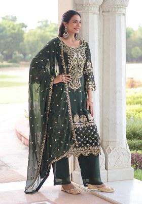 Green Embroidery Faux Blooming Kurta Set