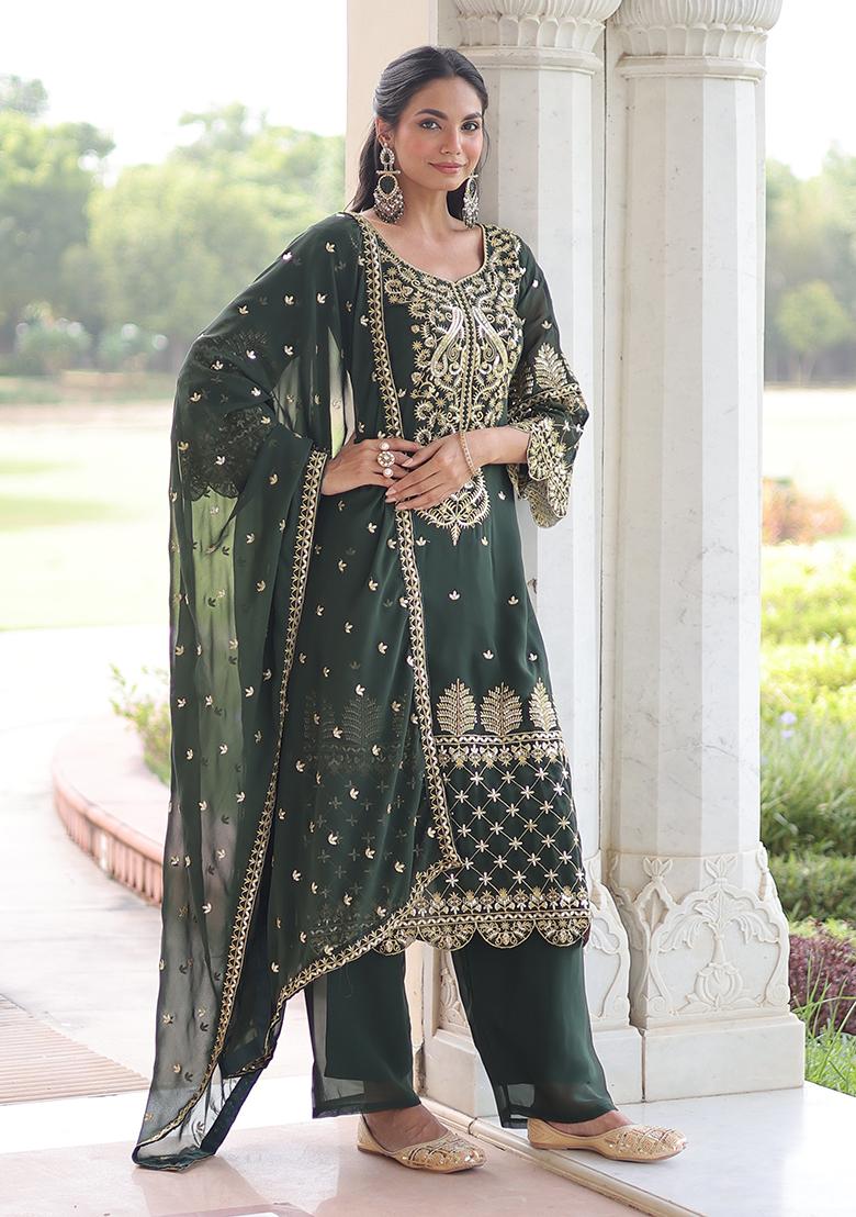 Green Embroidery Faux Blooming Kurta Set - Indya