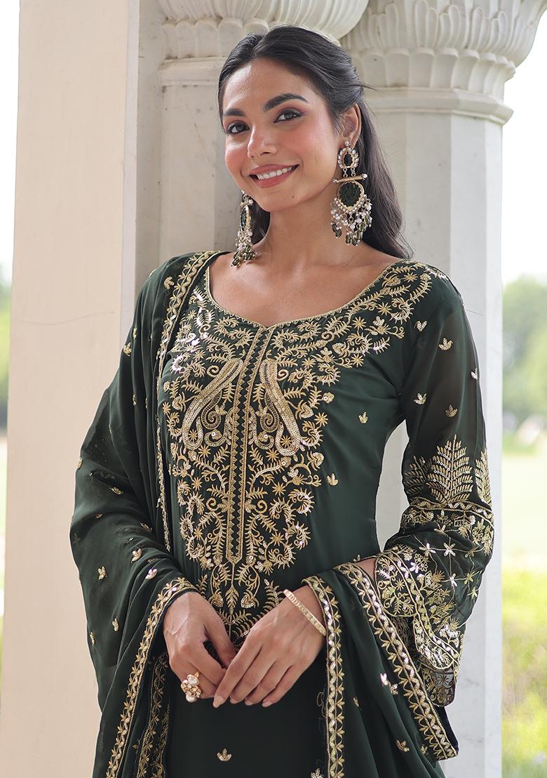 Green Embroidery Faux Blooming Kurta Set - Indya