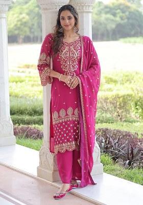 Magenta Embroidery Faux Blooming Kurta Set