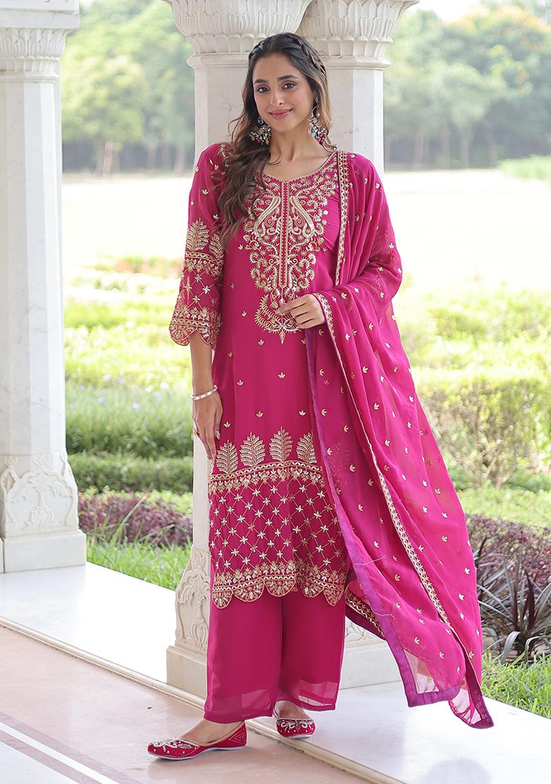 Magenta Embroidery Faux Blooming Kurta Set - Indya