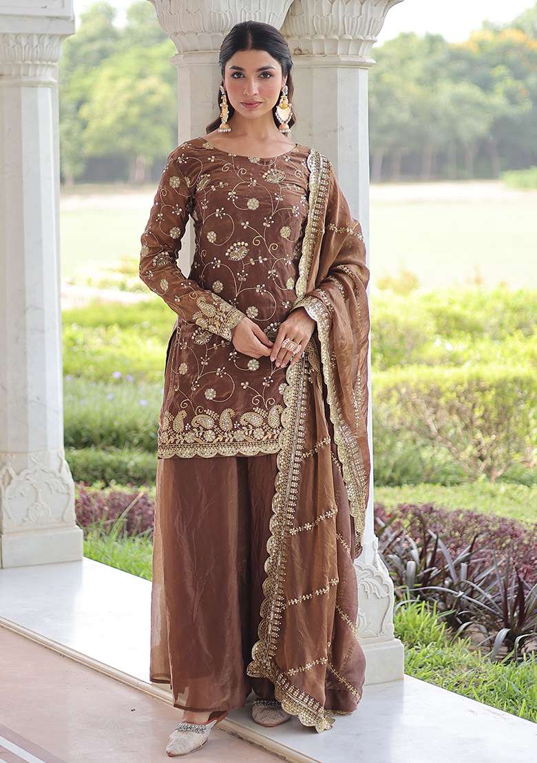 Coffee Embroidered Blended Sharara Set - Indya