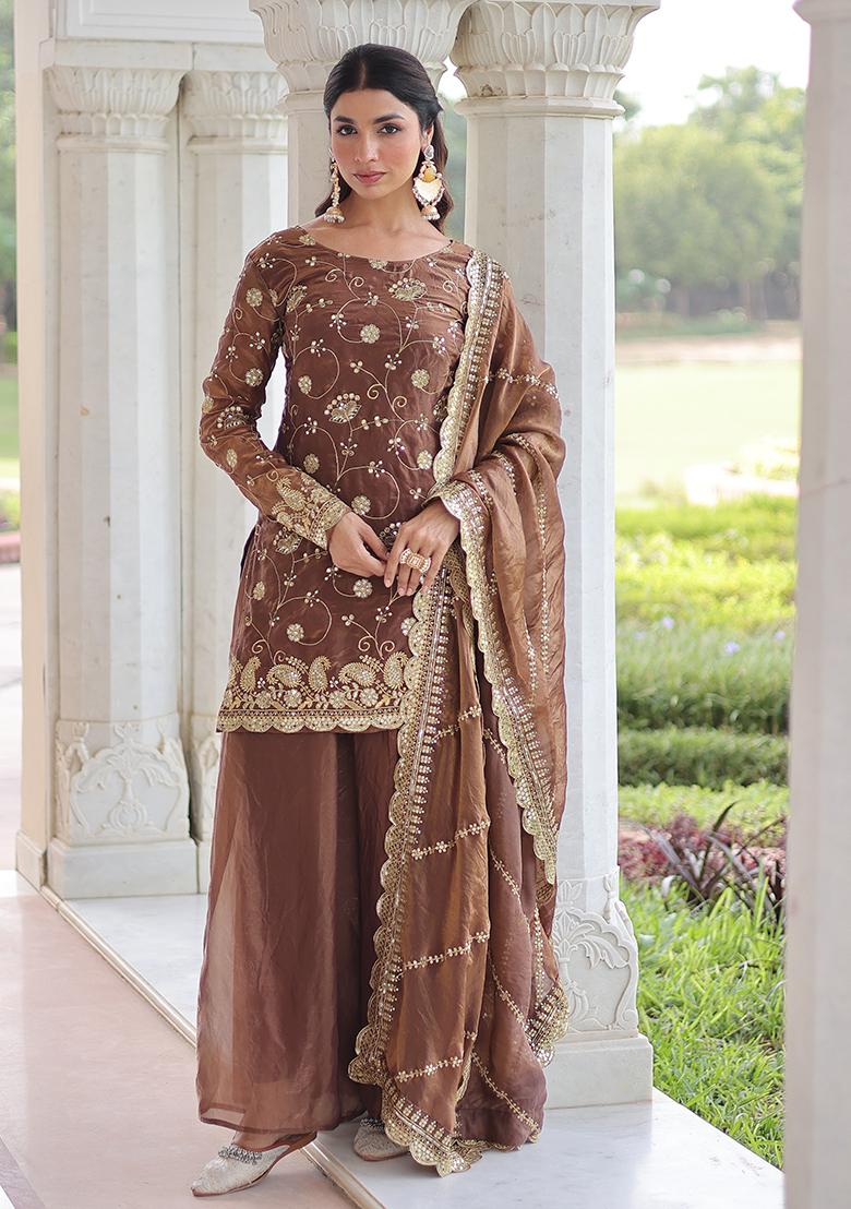 Coffee Embroidery Fendi Kurta Set - Indya