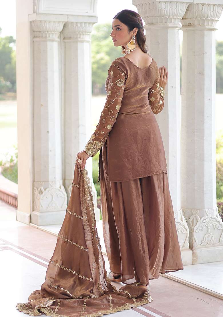 Coffee Embroidered Blended Sharara Set - Indya