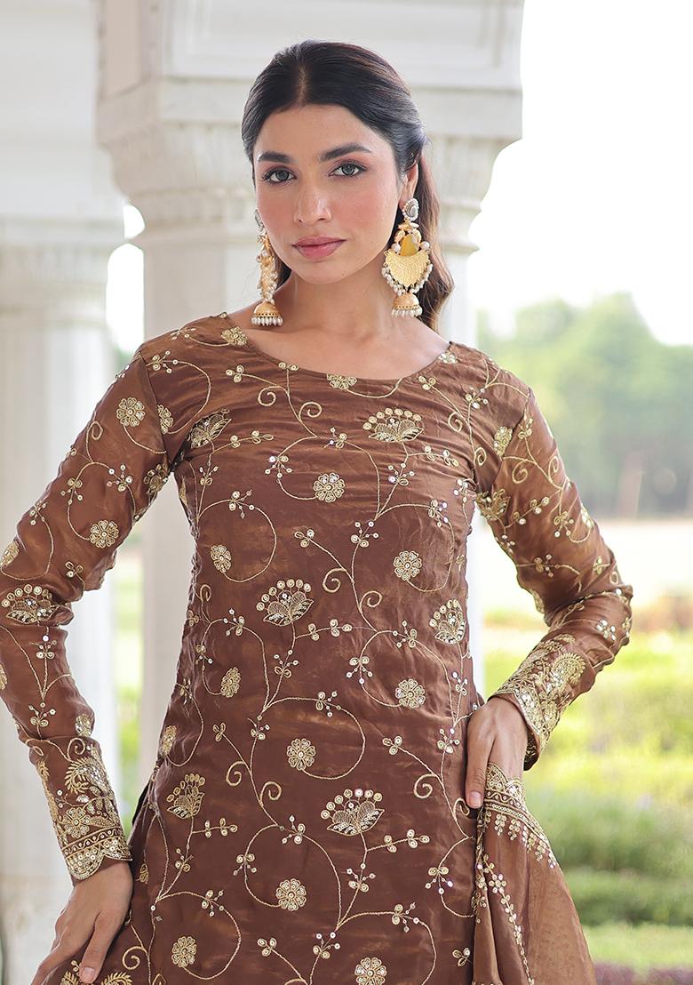 Coffee Embroidery Fendi Kurta Set - Indya