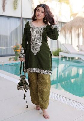 Mehandi Embroidery Velvet Kurta Set