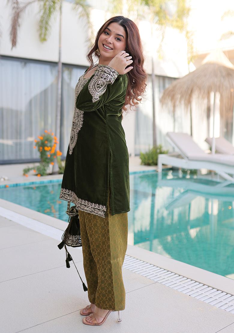 Mehandi Embroidery Velvet Kurta Set - Indya
