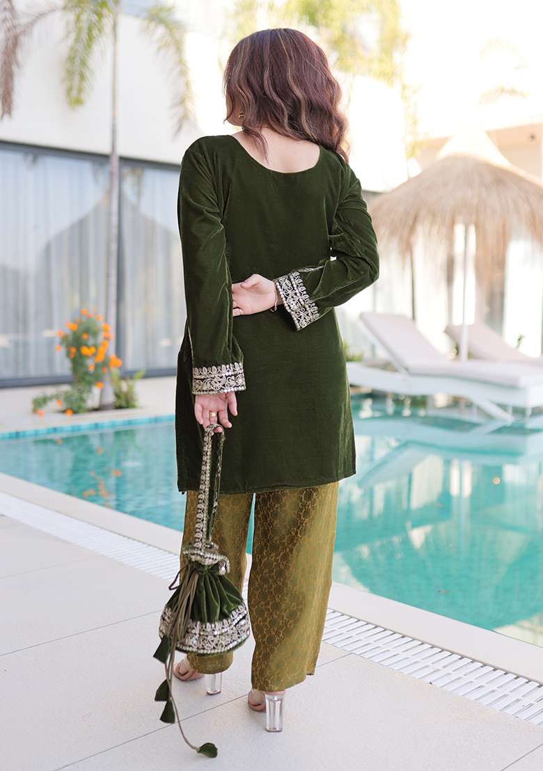 Mehandi Embroidered Velvet Straight Kurta Set - Indya