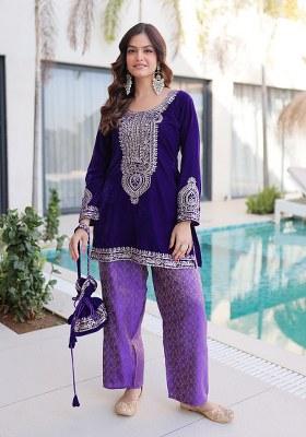 Purple Embroidery Velvet Kurta Set