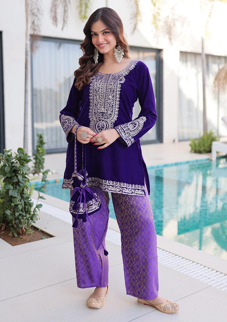 Purple Embroidery Velvet Kurta Set - Indya