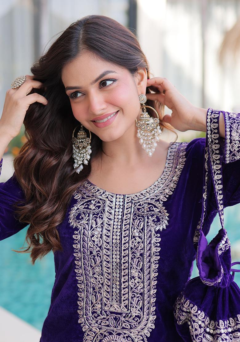 Purple Embroidery Velvet Kurta Set - Indya