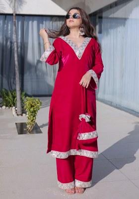 Pink Embroidery Velvet Kurta Set