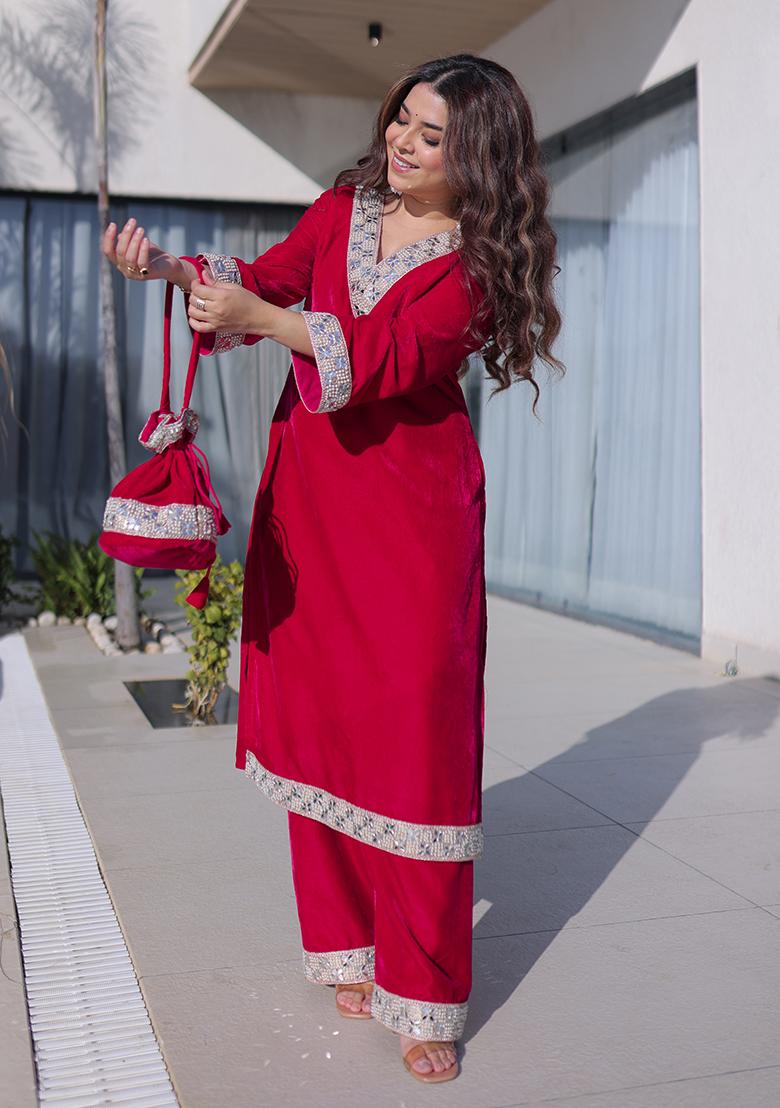 Pink Embroidery Velvet Kurta Set - Indya