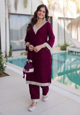 Wine Embroidery Velvet Kurta Set