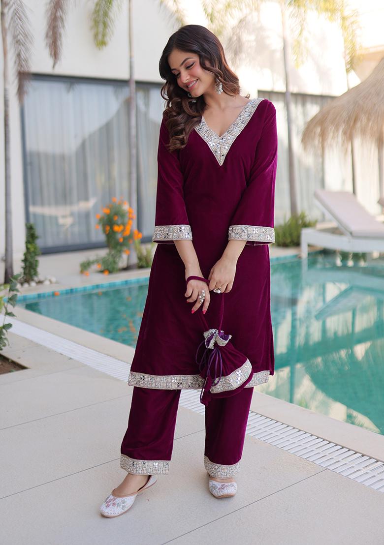 Wine Embroidery Velvet Kurta Set - Indya