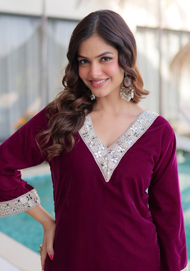Wine Embroidery Velvet Kurta Set - Indya