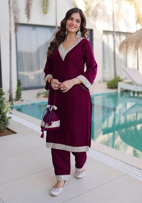 Wine Embroidery Velvet Kurta Set