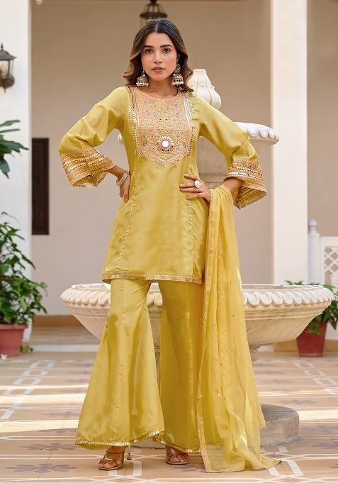 Yellow Embroidery Blended Kurta Set