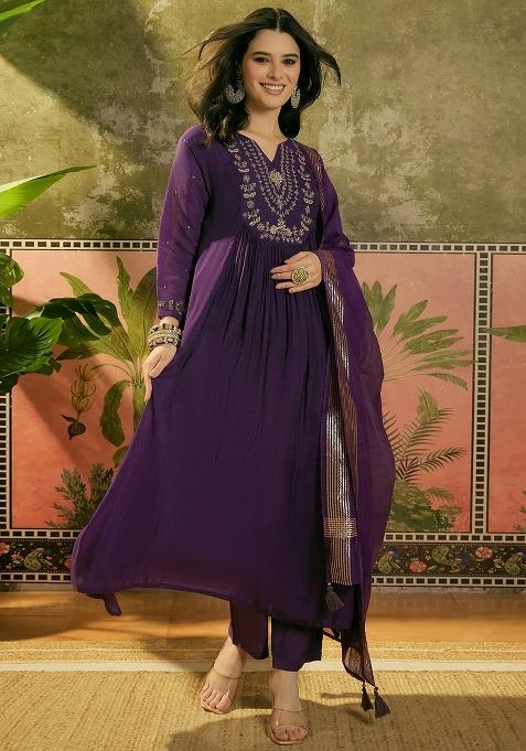 Purple Embroidery Blended Kurta Set