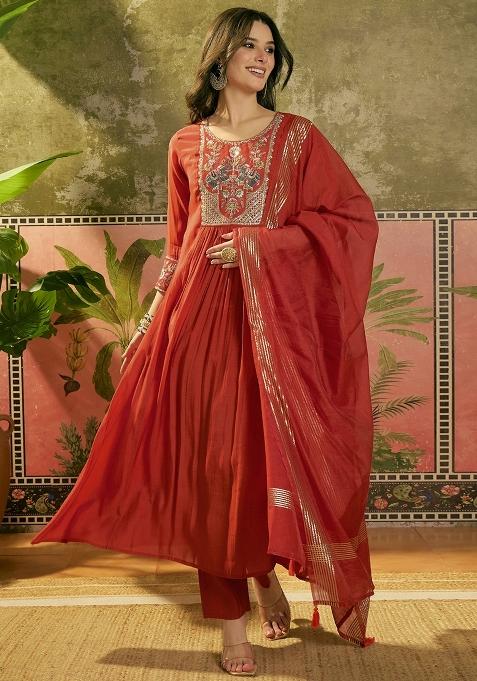 Orange Embroidery Blended Kurta Set