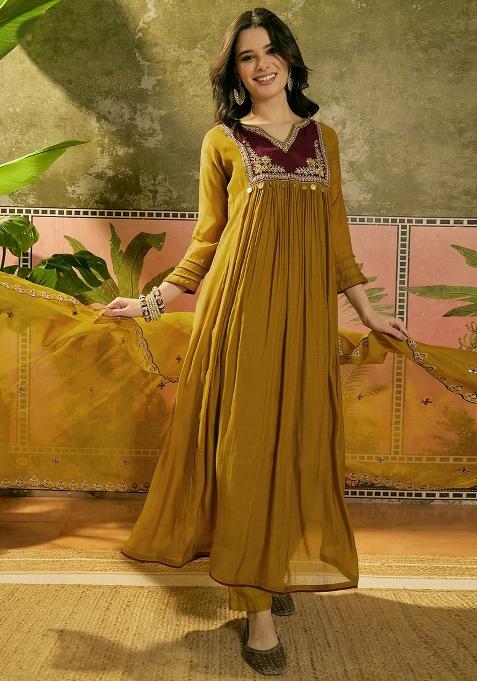 Mustard Embroidery Blended Kurta Set