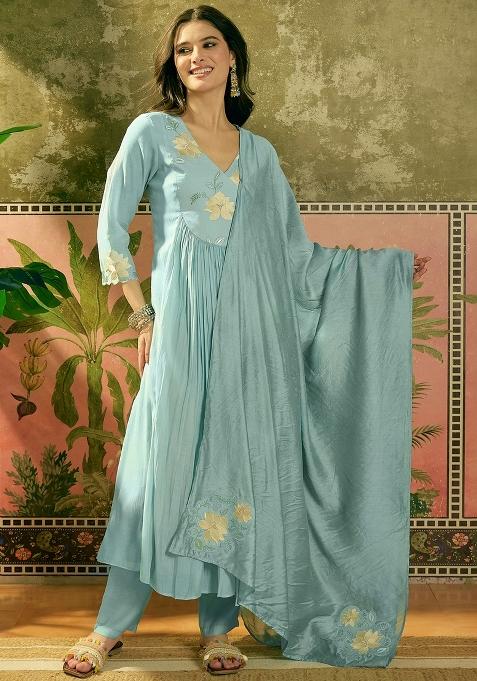 Sky Blue Embroidery Blended Kurta Set