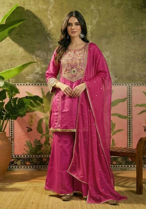 Pink Embroidered Blended Sharara Set