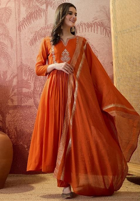 Orange Embroidery Blended Kurta Set
