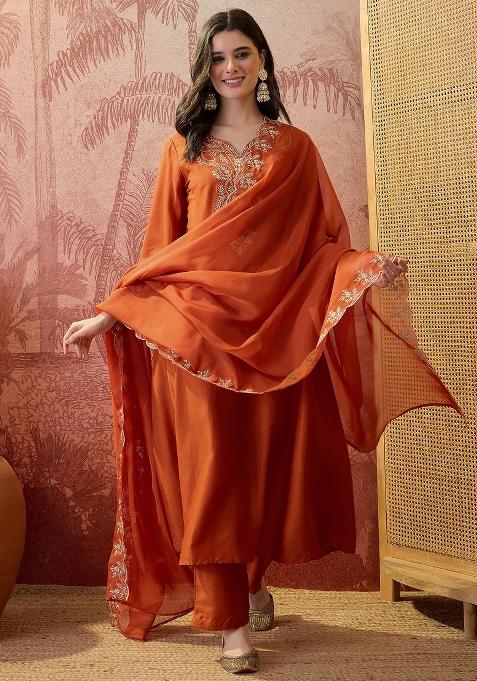 Orange Embroidery Blended Kurta Set