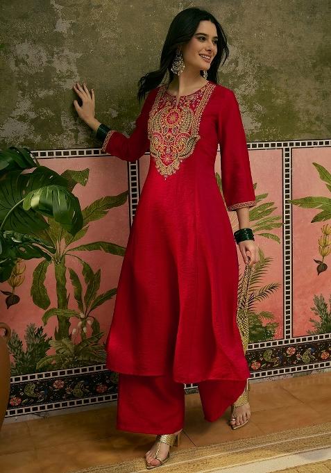 Red Embroidery Blended Kurta Set