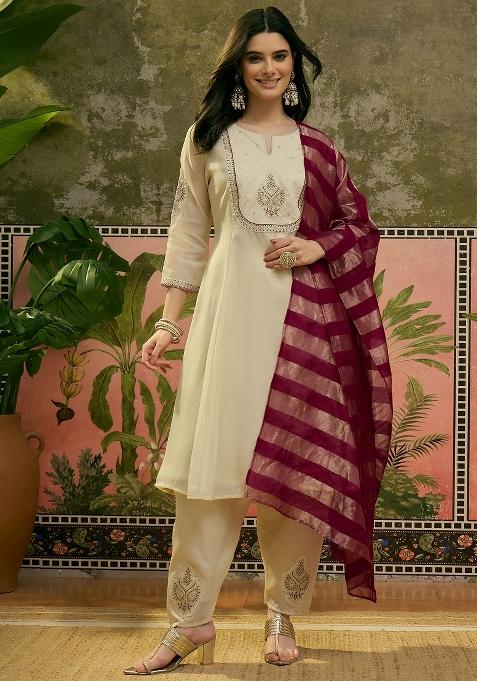 Off White Embroidery Blended Kurta Set
