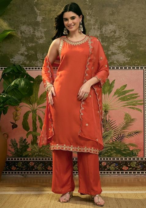 Orange Embroidery Blended Kurta Set