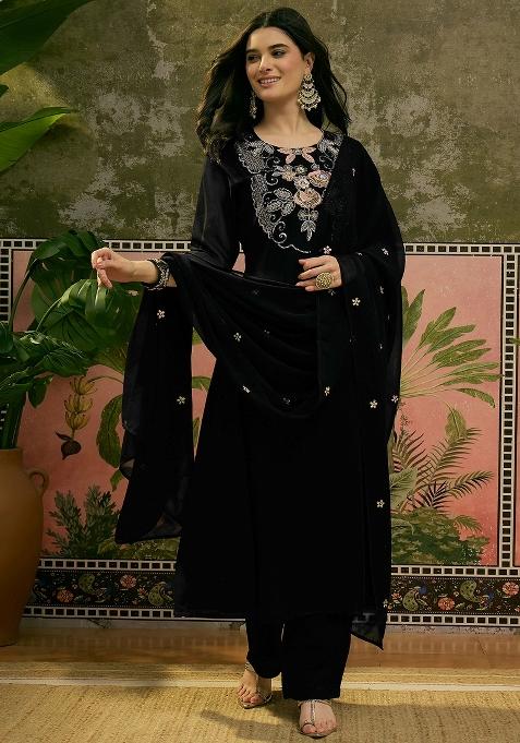 Black Embroidery Blended Kurta Set