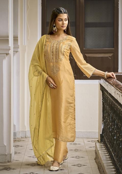 Yellow Embroidered Blended Straight Kurta Set