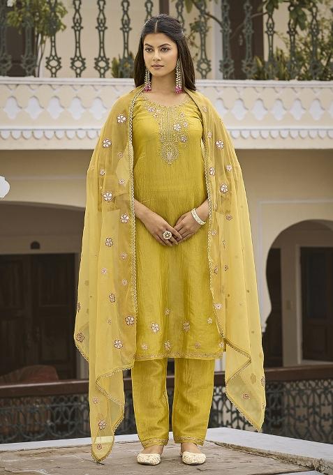 Yellow Embroidery Blended Kurta Set