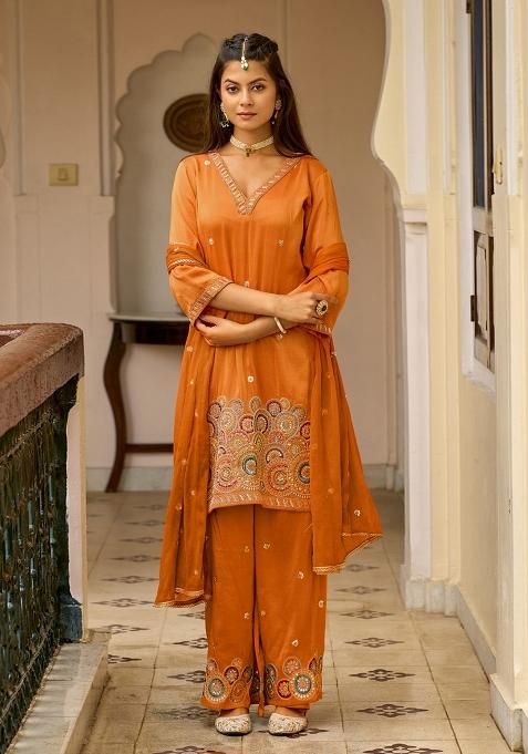 Orange Embroidered Blended Straight Kurta Set