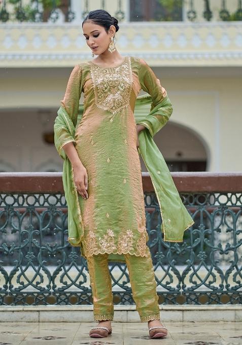 Green Embroidery Blended Kurta Set